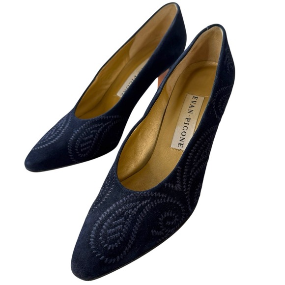VTG Evan Picone Navy Blue Suede Embroidered Heels Pumps 9 M Leather Spain - Picture 1 of 7